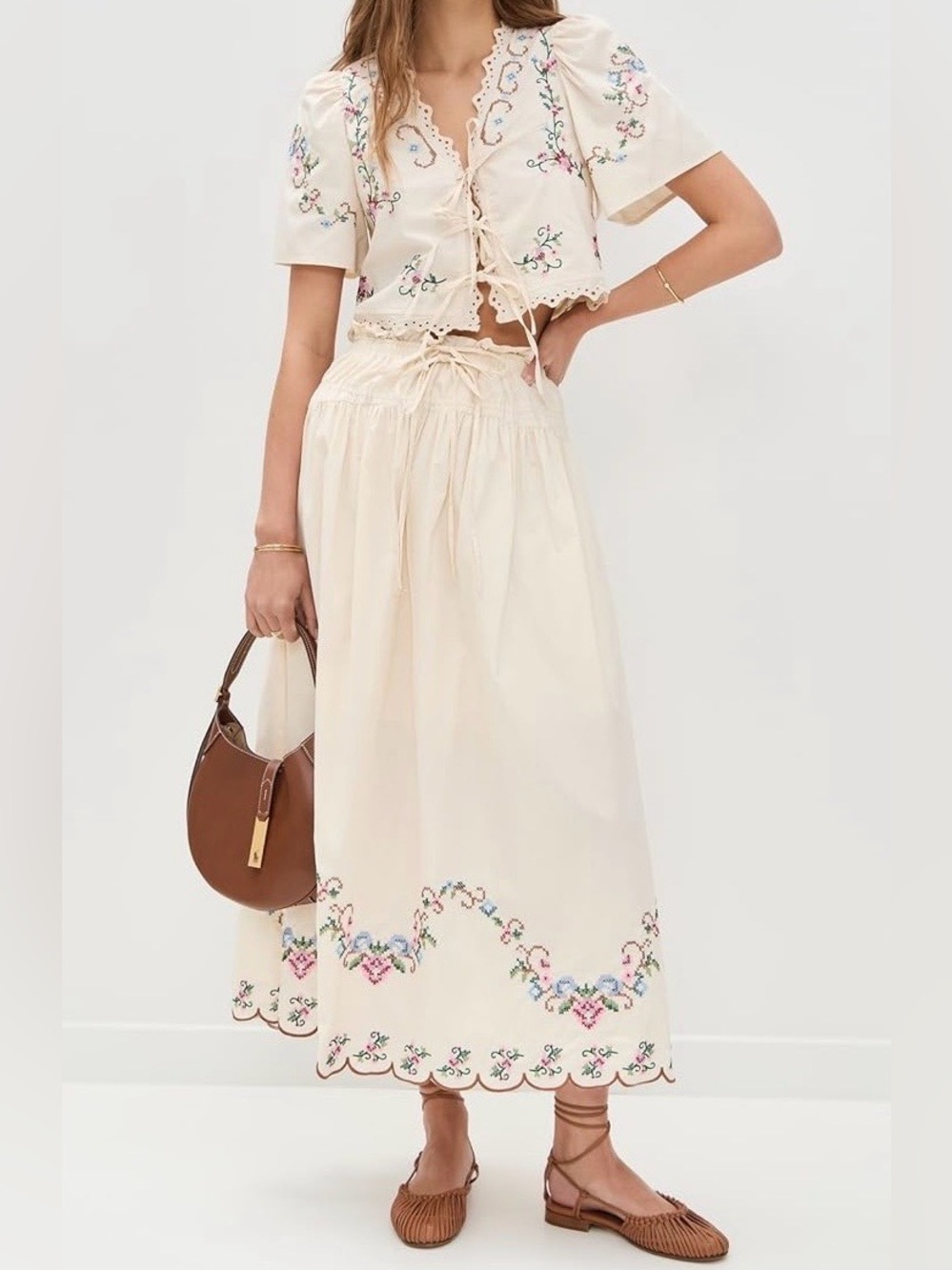 Moon River Ivory Eyelet Cross Stitch Midi Skirt & Top Two piece set womens small